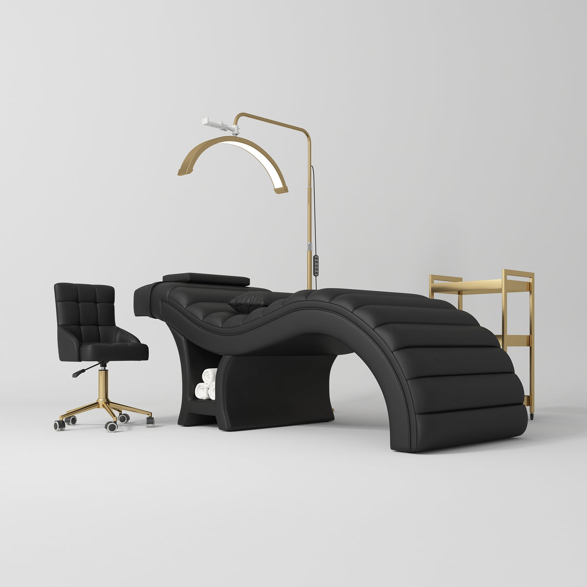 Manufakturo Luxe Black Complete Salon Set - Lash Beauty Bed, Chair, Moonlight & Trolley - close-up of a construction detail
