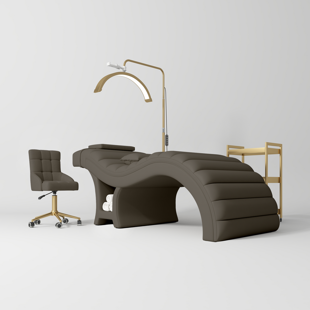 Manufakturo Luxe Cocoa Mocha Complete Salon Set - Lash Beauty Bed, Chair, Moonlight & Trolley - coordinated furniture pieces arranged on a white background
