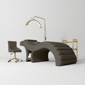 Manufakturo Luxe Cocoa Mocha Complete Salon Set - Lash Beauty Bed, Chair, Moonlight & Trolley - coordinated furniture pieces arranged on a white background