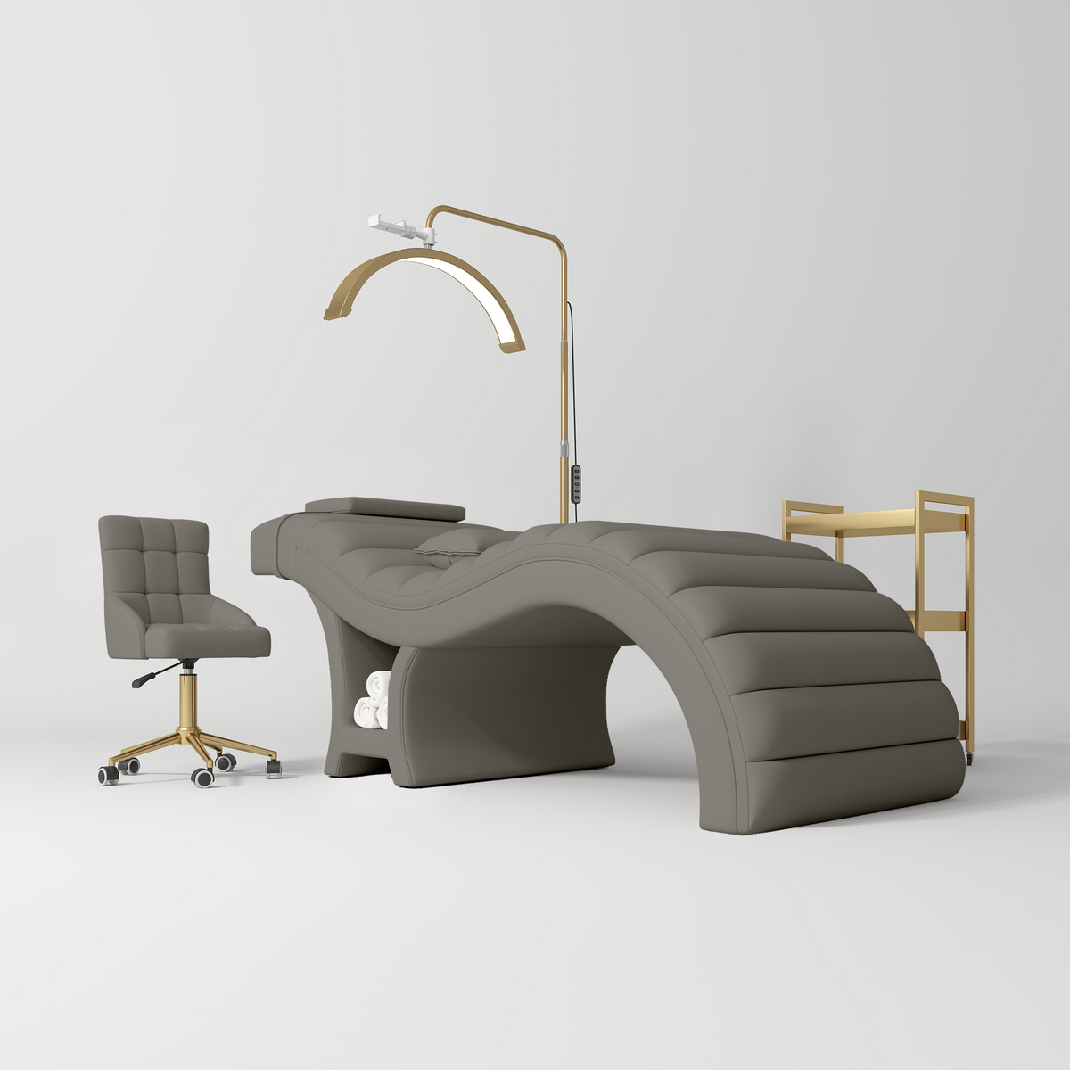 Manufakturo Luxe Deep Ash Complete Salon Set - Lash Beauty Bed, Chair, Moonlight & Trolley - coordinated furniture pieces arranged on a white background