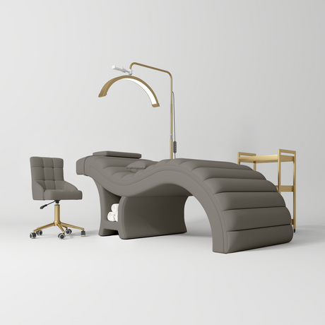Manufakturo Luxe Deep Ash Complete Salon Set - Lash Beauty Bed, Chair, Moonlight & Trolley - coordinated furniture pieces arranged on a white background
