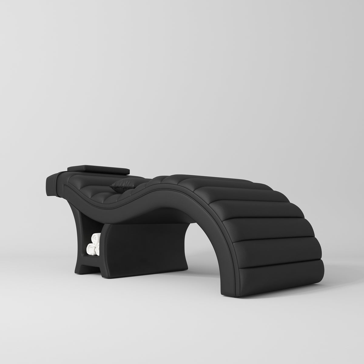 Manufakturo Luxe Eyelash Bed - Contoured Spa Couch with Towel Storage Black - close-up of the upholstery and construction details
