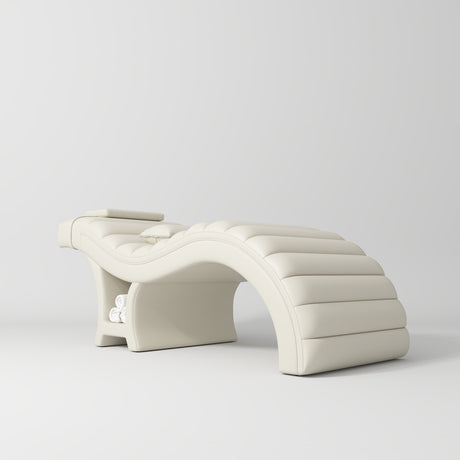 Manufakturo Luxe Eyelash Bed - Contoured Spa Couch with Towel Storage Creamy - displayed in a professional treatment-room setting
