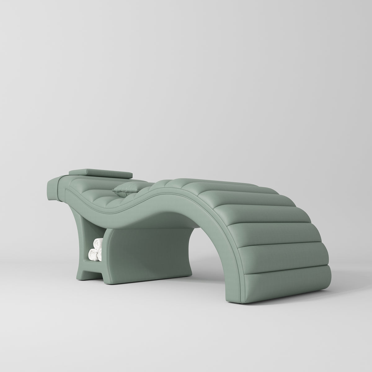 Manufakturo Luxe Eyelash Bed - Contoured Spa Couch with Towel Storage Olive - close-up of the upholstery and construction details