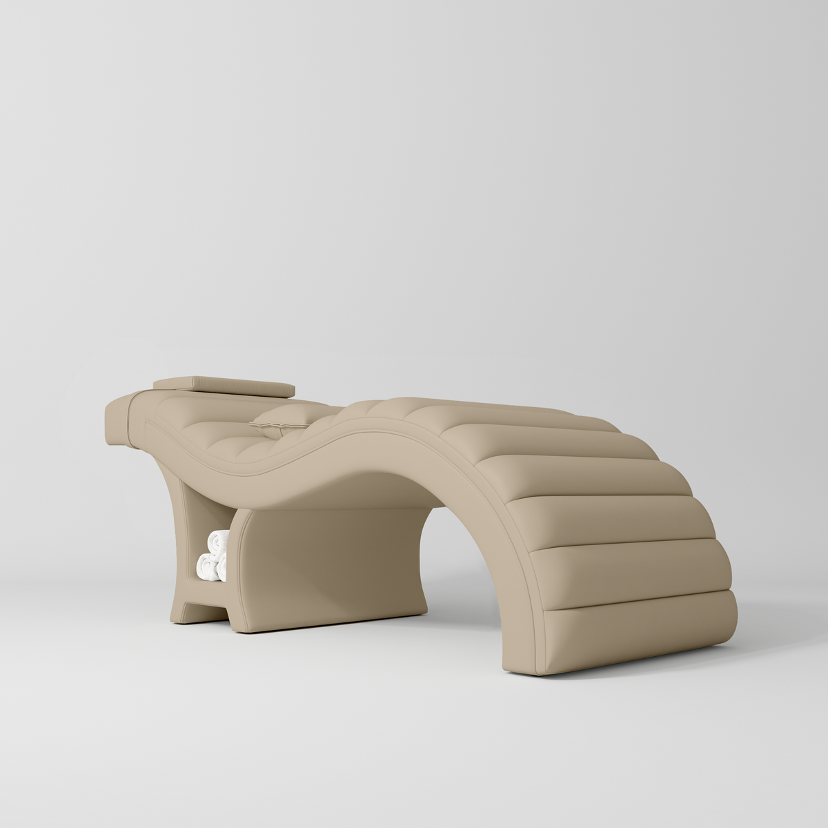 Manufakturo Luxe Eyelash Bed - Contoured Spa Couch with Towel Storage Warm Beige - close-up of the upholstery and construction details
