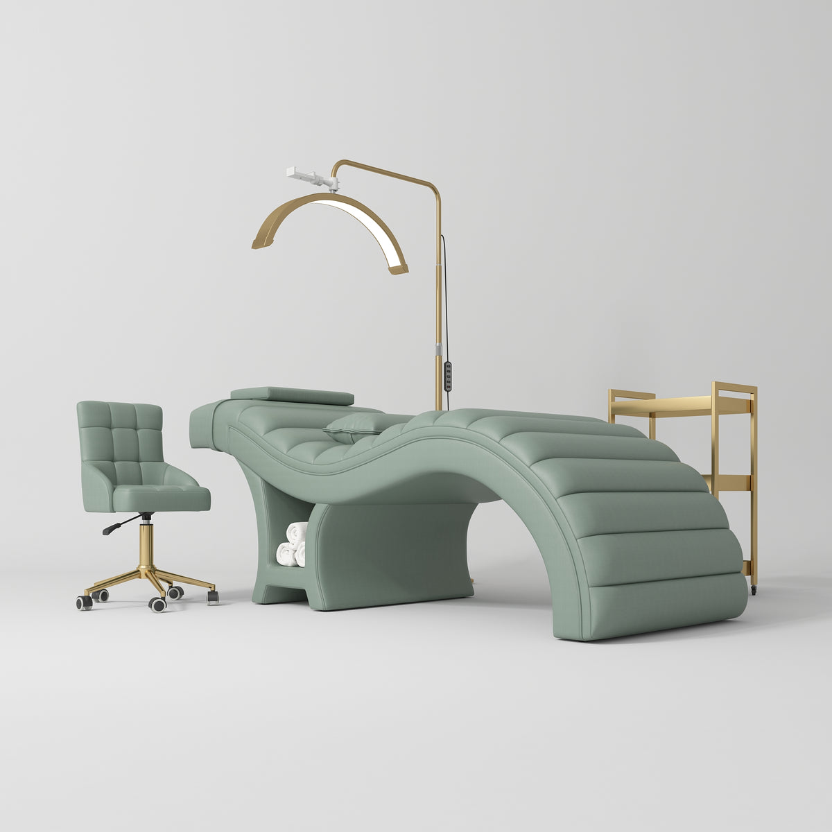 Manufakturo Luxe Olive Complete Salon Set - Lash Beauty Bed, Chair, Moonlight & Trolley - close-up of a construction detail