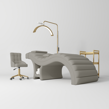 Manufakturo Luxe Pearl Greige Complete Salon Set - Lash Beauty Bed, Chair, Moonlight & Trolley - coordinated furniture pieces arranged on a white background