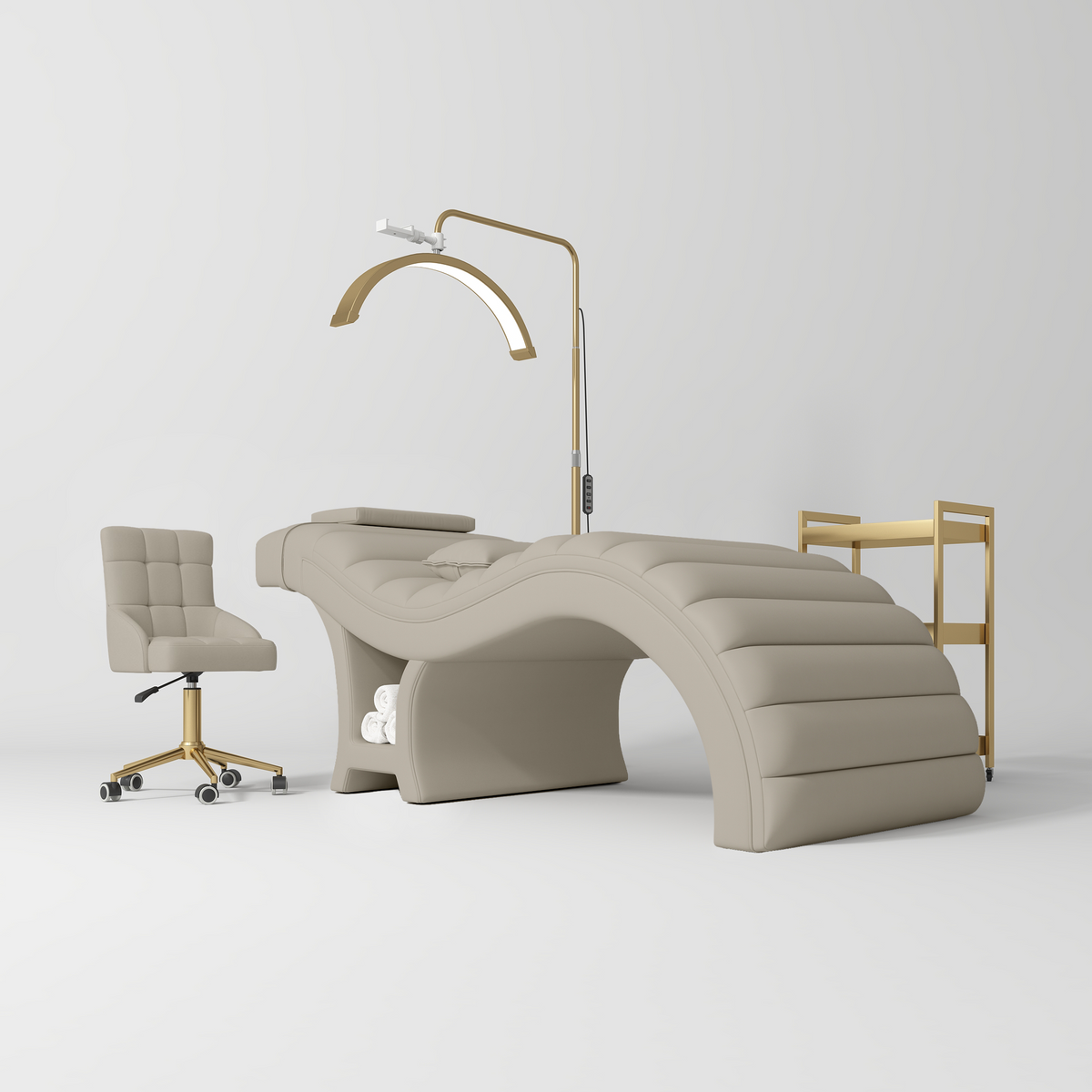 Manufakturo Luxe Stone Taupe Complete Salon Set - Lash Beauty Bed, Chair, Moonlight & Trolley - coordinated furniture pieces arranged on a white background