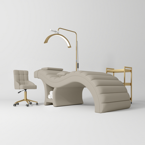 Manufakturo Luxe Stone Taupe Complete Salon Set - Lash Beauty Bed, Chair, Moonlight & Trolley - coordinated furniture pieces arranged on a white background
