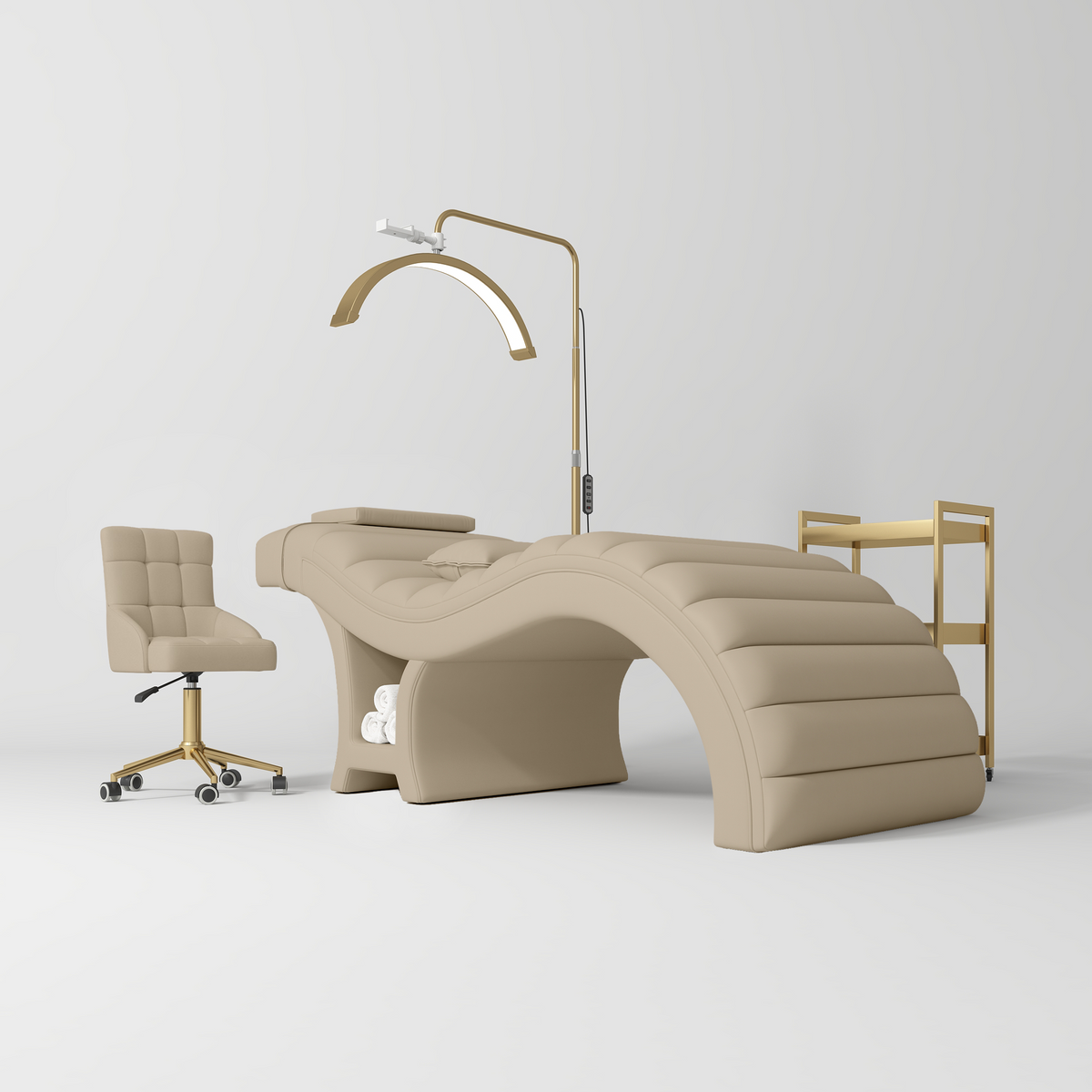 Manufakturo Luxe Warm Beige Complete Salon Set - Lash Beauty Bed, Chair, Moonlight & Trolley - coordinated furniture pieces arranged on a white background