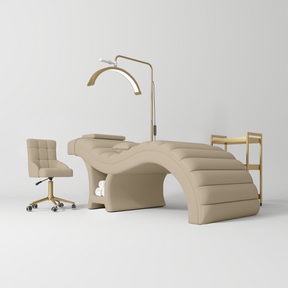 Manufakturo Luxe Warm Beige Complete Salon Set - Lash Beauty Bed, Chair, Moonlight & Trolley - coordinated furniture pieces arranged on a white background