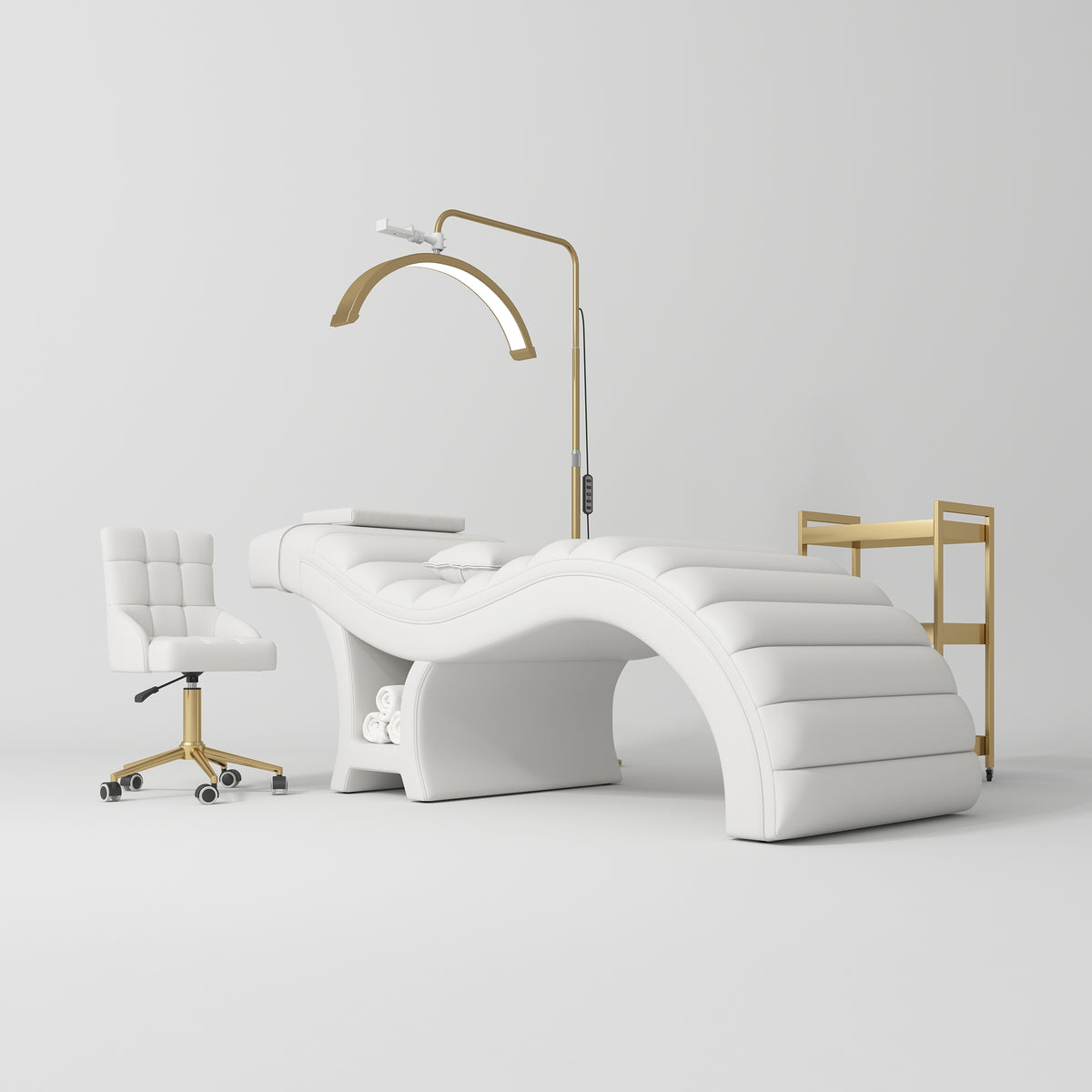Manufakturo Luxe White Complete Salon Set - Lash Beauty Bed, Chair, Moonlight & Trolley - close-up of a construction detail
