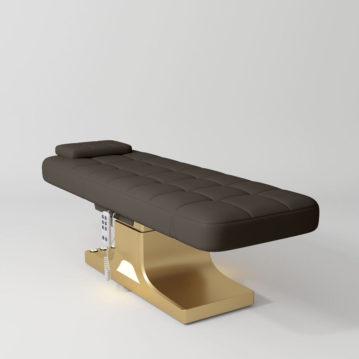 Manufakturo Saphir version A Luxury Electric Lash Beauty Bed - Hand & Foot Controls Cocoa Mocha - close-up of the upholstery and construction details
