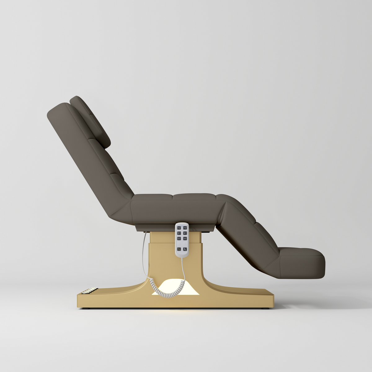 Manufakturo Saphir version A Luxury Electric Lash Beauty Bed - Hand & Foot Controls Cocoa Mocha - close-up of the upholstery and construction details