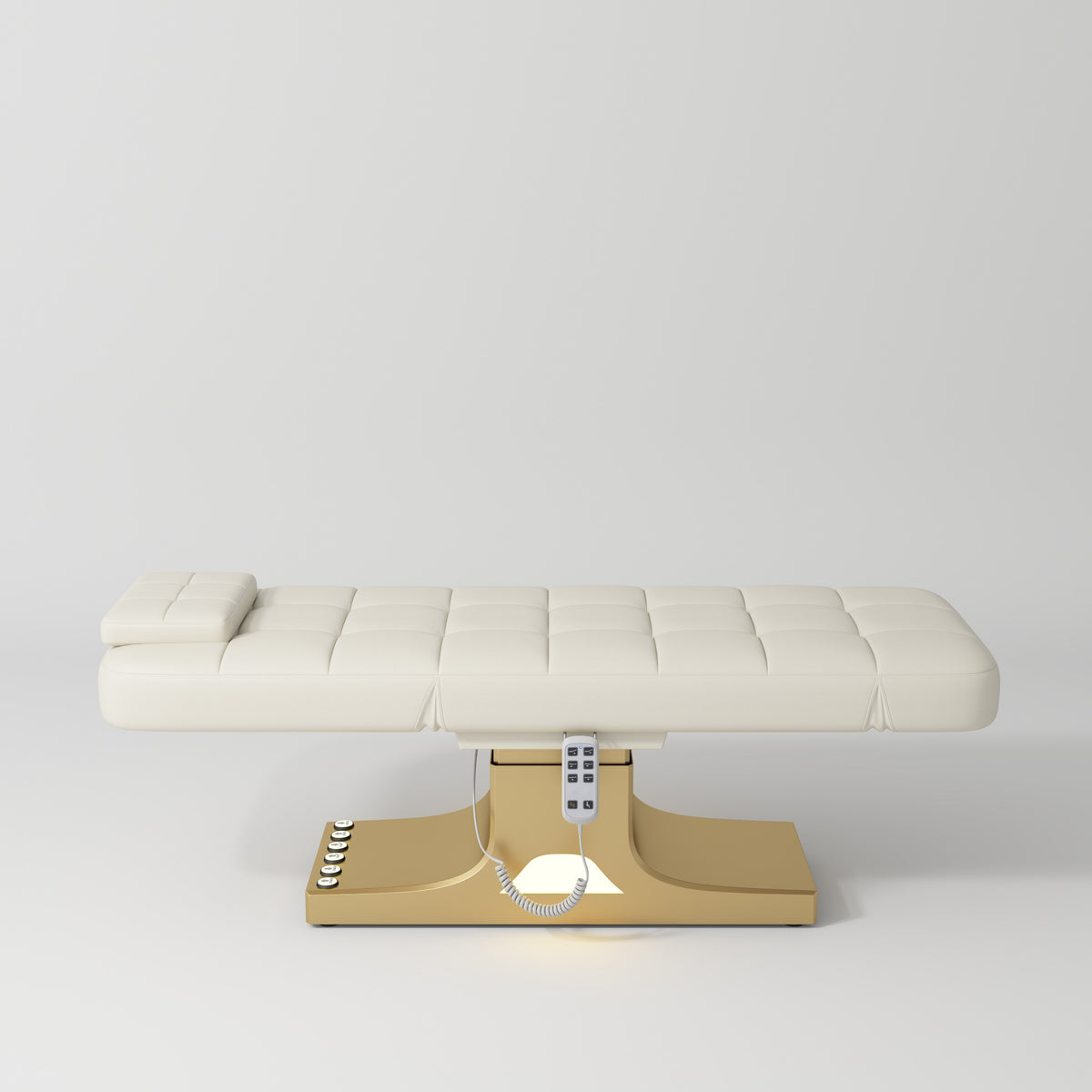 Manufakturo Saphir version A Luxury Electric Lash Beauty Bed - Hand & Foot Controls Creamy - close-up of the upholstery and construction details