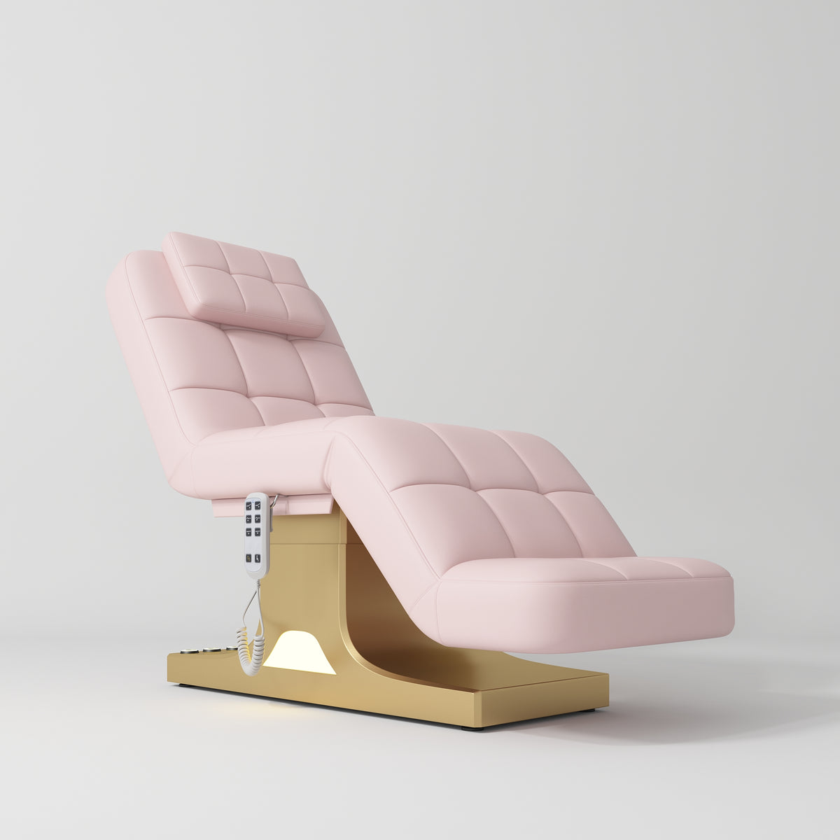 Manufakturo Saphir version A Luxury Electric Lash Beauty Bed - Hand & Foot Controls Light Pink - close-up of the upholstery and construction details