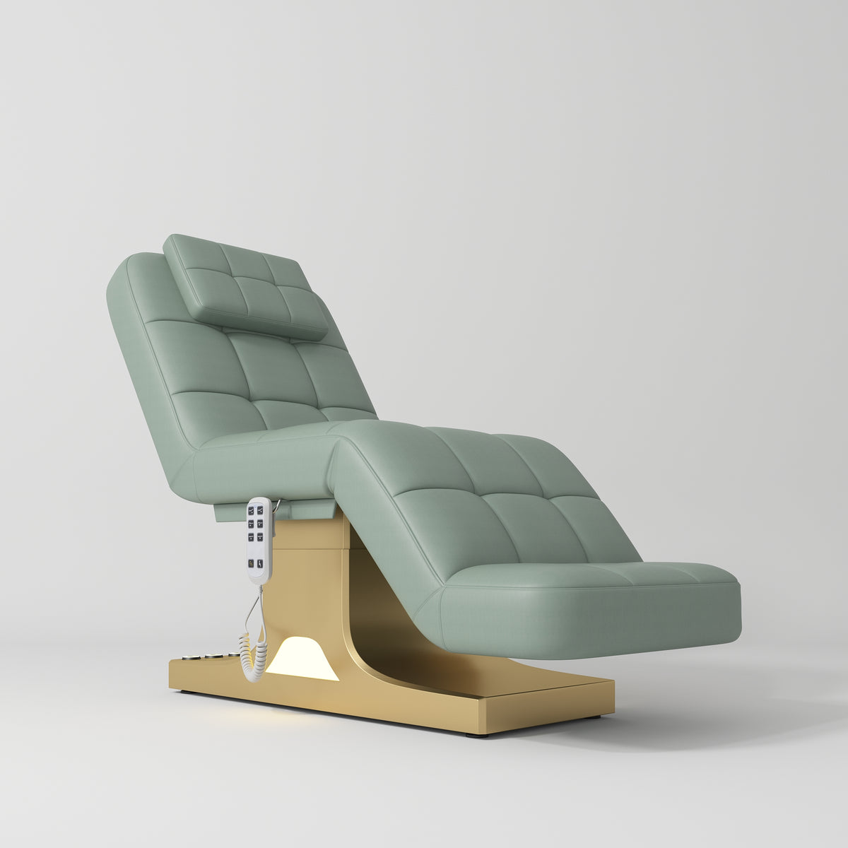 Manufakturo Saphir version A Luxury Electric Lash Beauty Bed - Hand & Foot Controls Olive - close-up of the upholstery and construction details