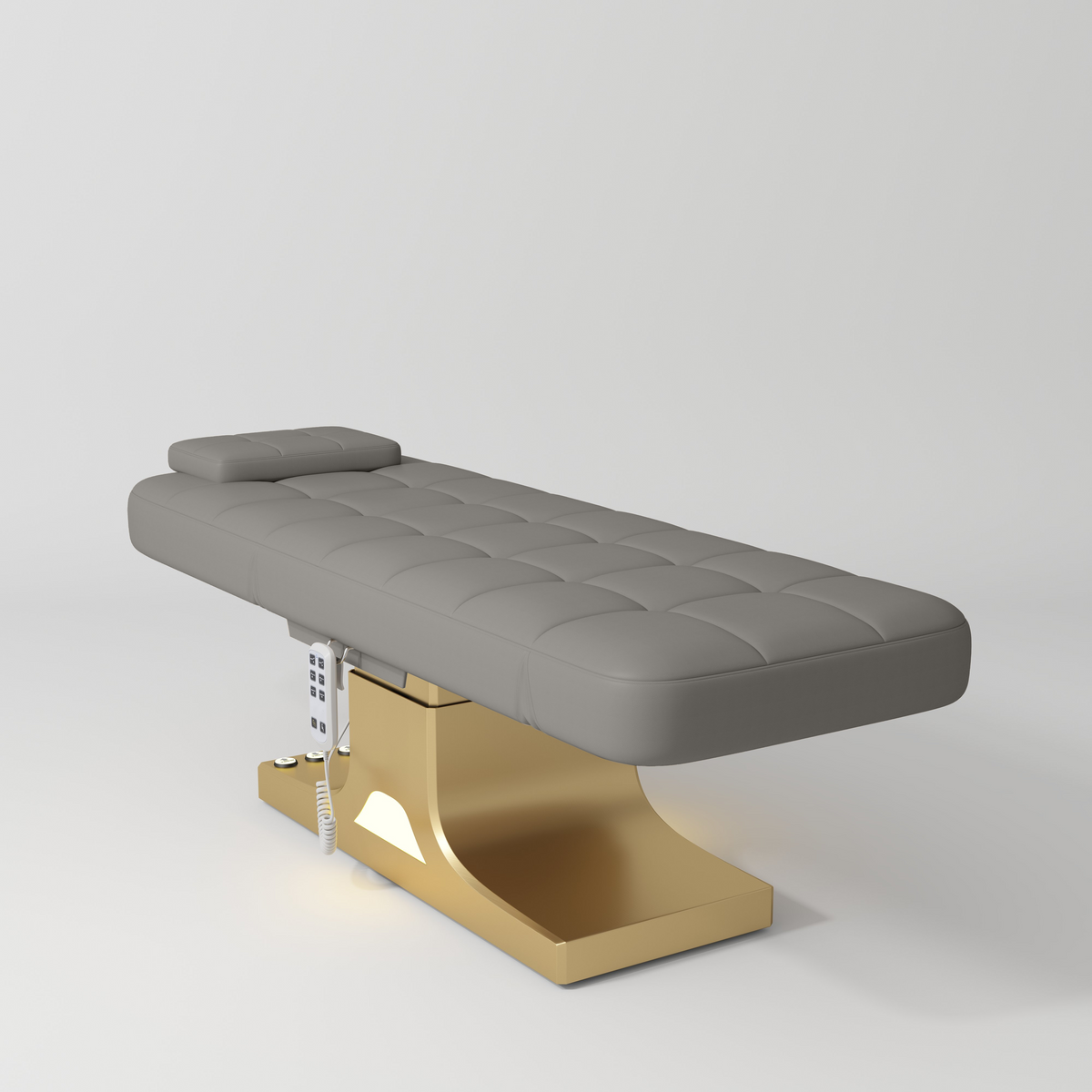 Manufakturo Saphir version A Luxury Electric Lash Beauty Bed - Hand & Foot Controls Pearl Greige - close-up of the upholstery and construction details