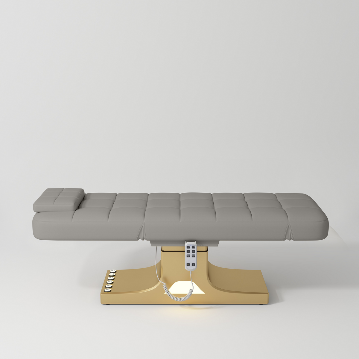 Manufakturo Saphir version A Luxury Electric Lash Beauty Bed - Hand & Foot Controls Pearl Greige - close-up of the upholstery and construction details