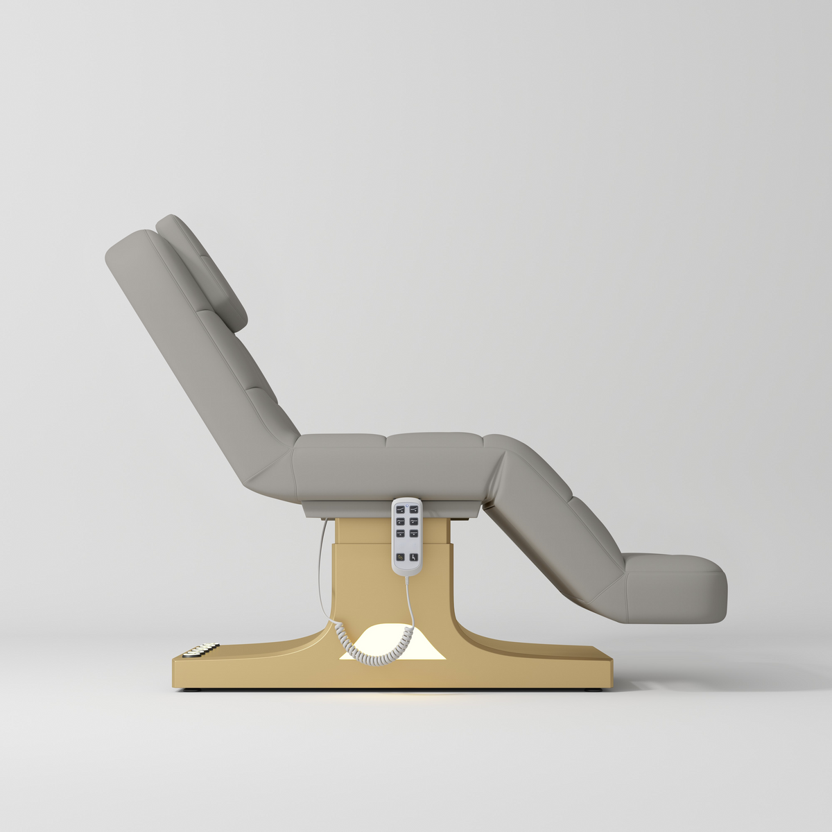 Manufakturo Saphir version A Luxury Electric Lash Beauty Bed - Hand & Foot Controls Pearl Greige - close-up of the upholstery and construction details