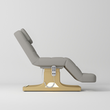Manufakturo Saphir version A Luxury Electric Lash Beauty Bed - Hand & Foot Controls Pearl Greige - close-up of the upholstery and construction details
