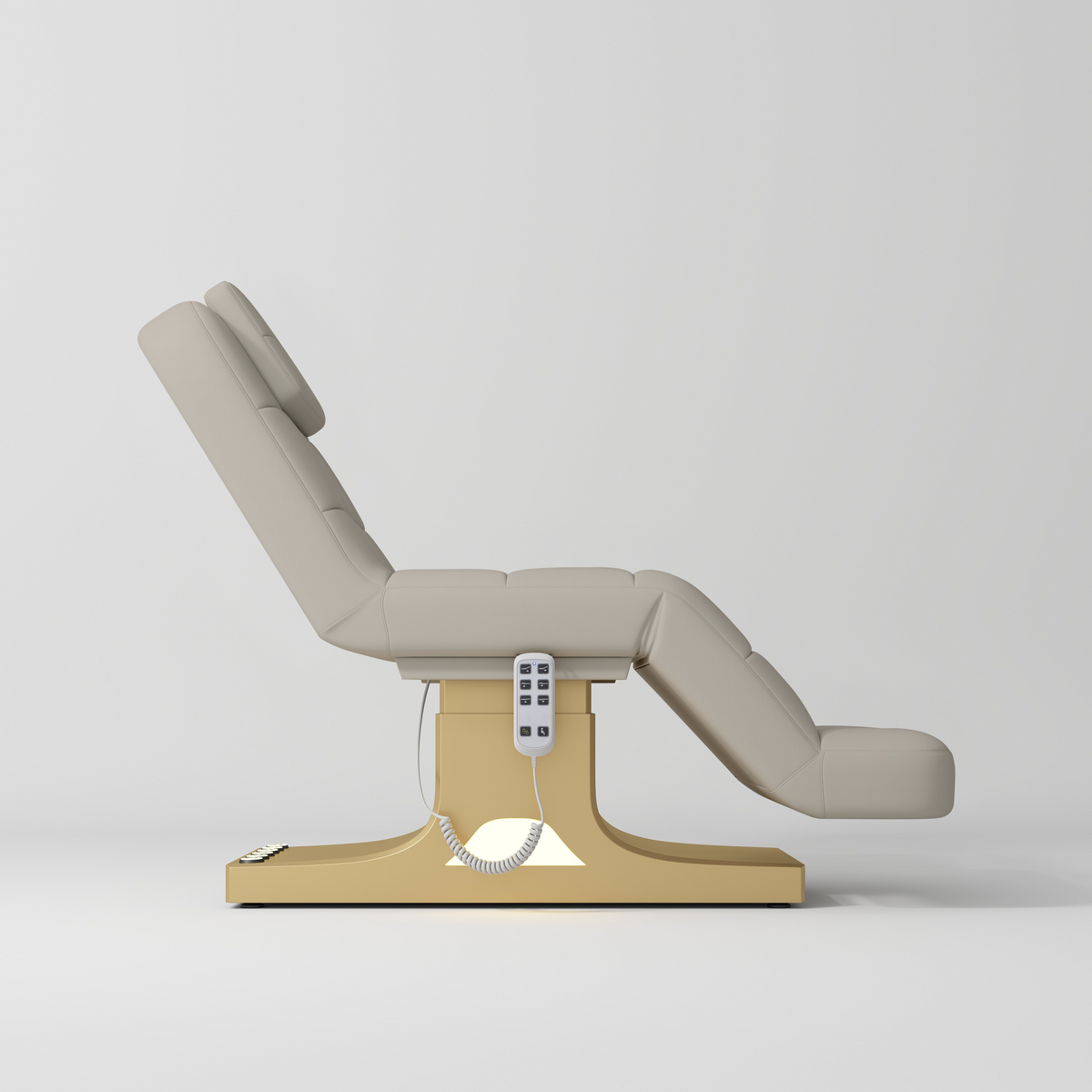 Manufakturo Saphir version A Luxury Electric Lash Beauty Bed - Hand & Foot Controls Stone Taupe - close-up of the upholstery and construction details