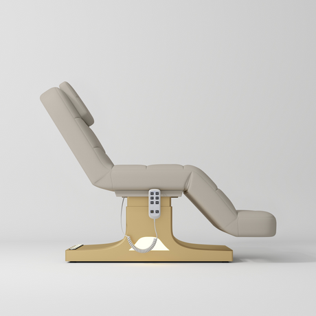 Manufakturo Saphir version A Luxury Electric Lash Beauty Bed - Hand & Foot Controls Stone Taupe - close-up of the upholstery and construction details