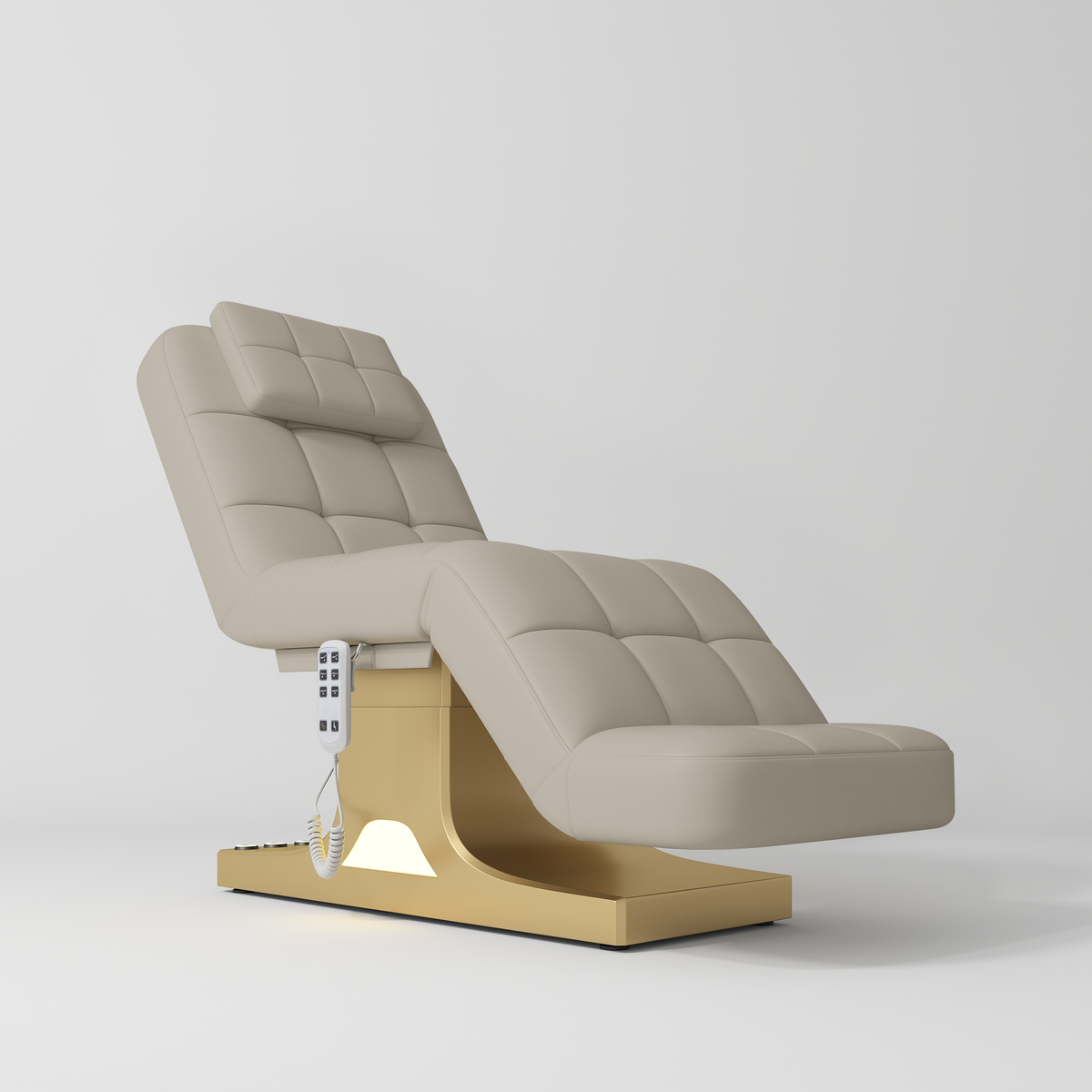 Manufakturo Saphir version A Luxury Electric Lash Beauty Bed - Hand & Foot Controls Stone Taupe - close-up of the upholstery and construction details
