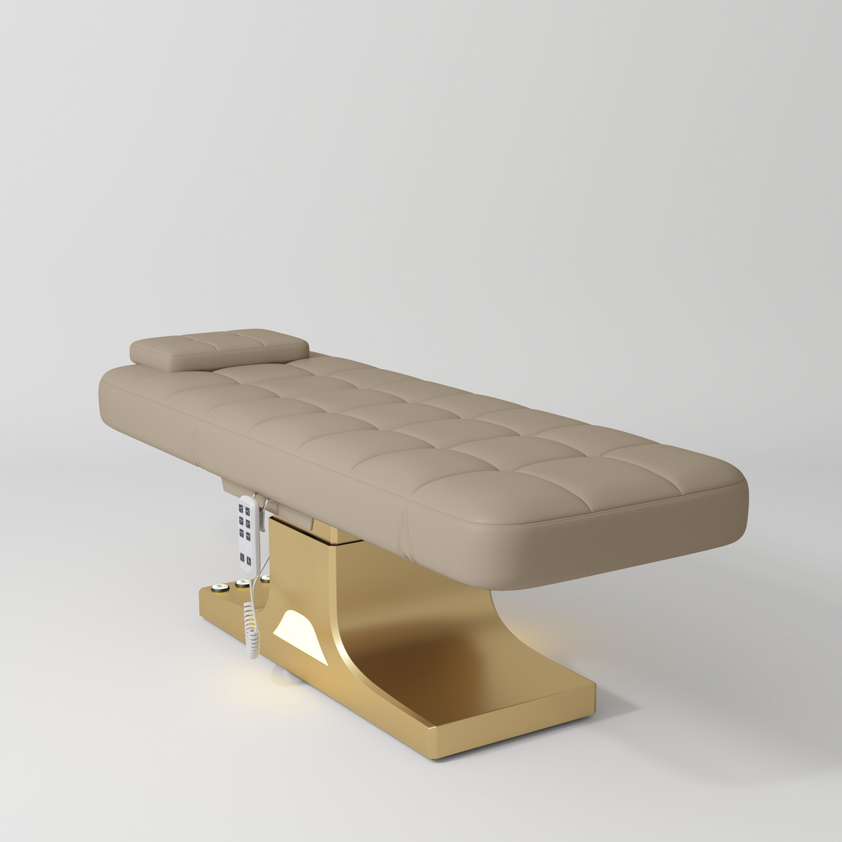 Manufakturo Saphir version A Luxury Electric Lash Beauty Bed - Hand & Foot Controls Warm Beige - close-up of the upholstery and construction details