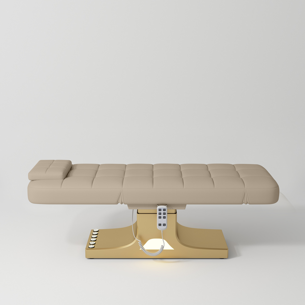 Manufakturo Saphir version A Luxury Electric Lash Beauty Bed - Hand & Foot Controls Warm Beige - close-up of the upholstery and construction details