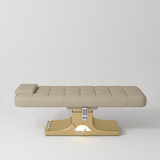 Manufakturo Saphir version A Luxury Electric Lash Beauty Bed - Hand & Foot Controls Warm Beige - close-up of the upholstery and construction details