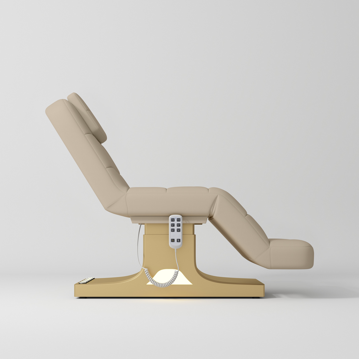 Manufakturo Saphir version A Luxury Electric Lash Beauty Bed - Hand & Foot Controls Warm Beige - close-up of the upholstery and construction details
