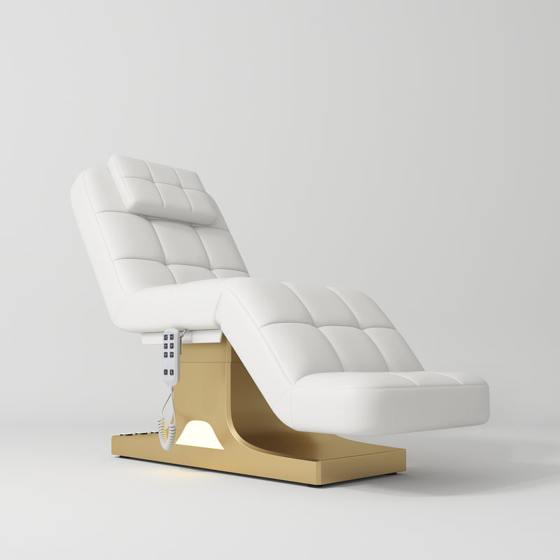 Manufakturo Saphir version A Luxury Electric Lash Beauty Bed - Hand & Foot Controls White - close-up of the upholstery and construction details