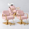 Manufakturo Maison Bare Blush Hair Salon Set with 2 Amélie Styling Chairs, showing the complete coordinated three-piece furniture set on a grey studio background.