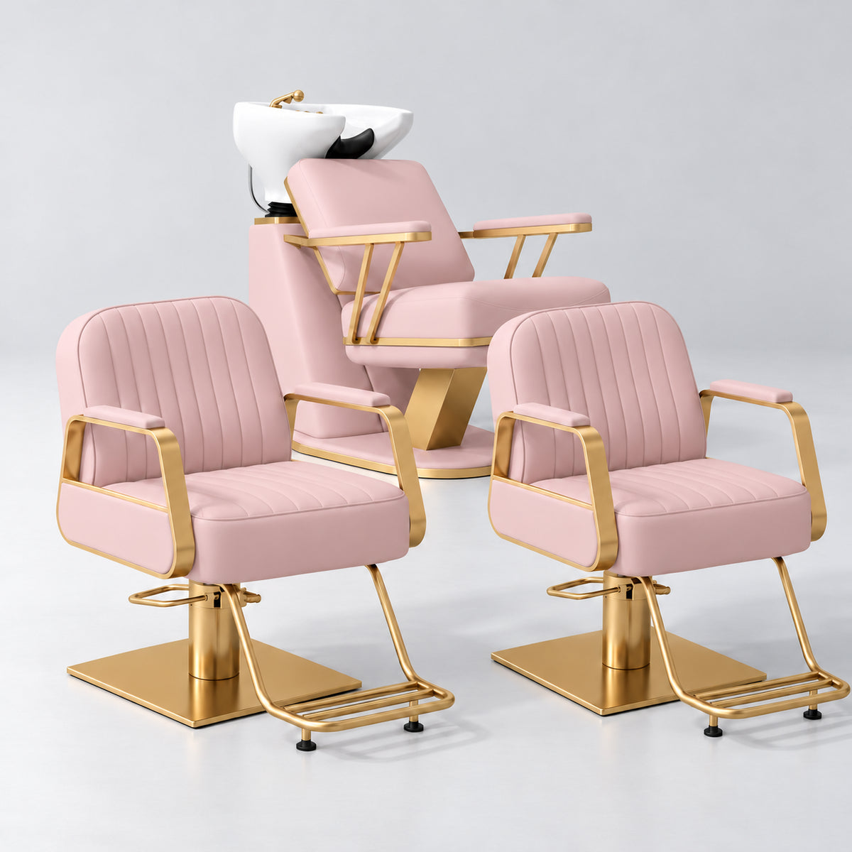 Manufakturo Maison Bare Blush Hair Salon Set with 2 Amélie Styling Chairs, showing the complete coordinated three-piece furniture set on a grey studio background.