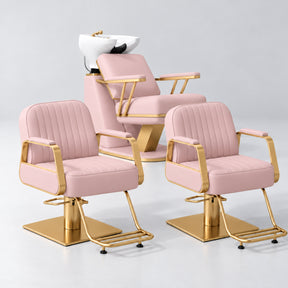 Manufakturo Maison Bare Blush Hair Salon Set with 2 Amélie Styling Chairs, showing the complete coordinated three-piece furniture set on a grey studio background.