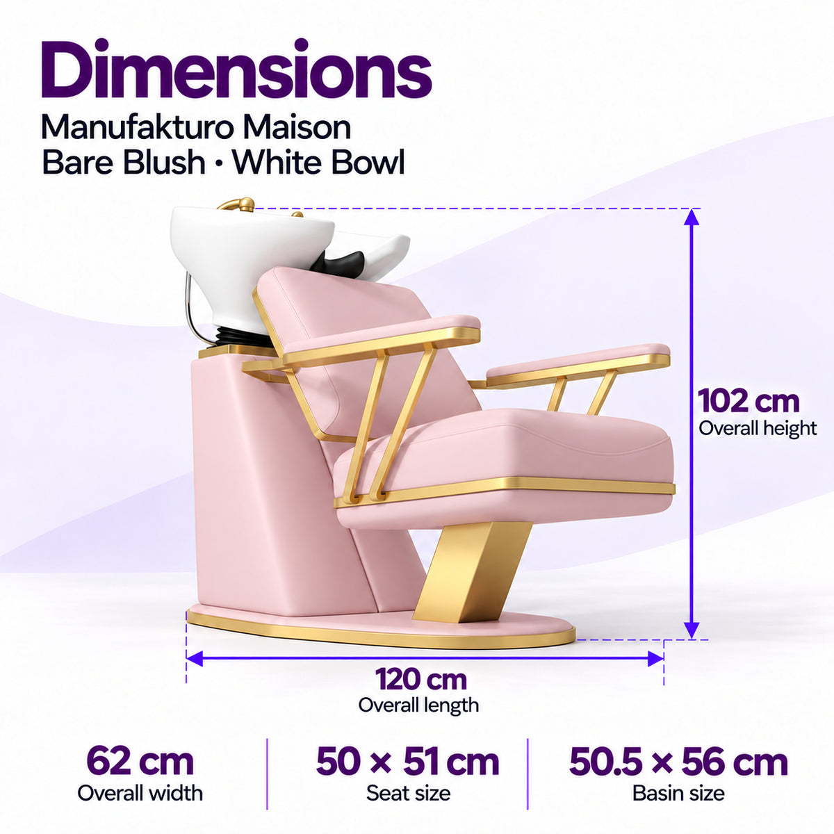 Manufakturo Maison Bare Blush backwash unit dimensions: 120 cm length, 62 cm width, 102 cm height, 50 x 51 cm seat and 50.5 x 56 cm basin.