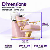 Manufakturo Maison Bare Blush backwash unit dimensions: 120 cm length, 62 cm width, 102 cm height, 50 x 51 cm seat and 50.5 x 56 cm basin.