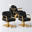 Manufakturo Maison Black Hair Salon Set with 2 Amélie Styling Chairs, showing the complete coordinated three-piece furniture set on a grey studio background.