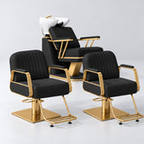 Manufakturo Maison Black Hair Salon Set with 2 Amélie Styling Chairs, showing the complete coordinated three-piece furniture set on a grey studio background.