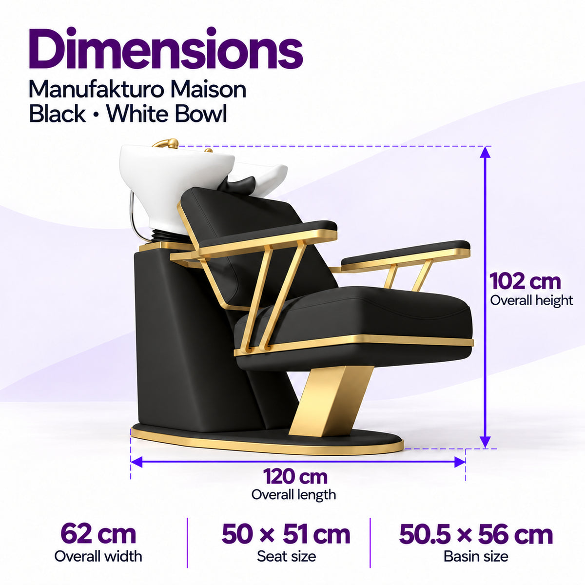 Manufakturo Maison Black backwash unit dimensions: 120 cm length, 62 cm width, 102 cm height, 50 x 51 cm seat and 50.5 x 56 cm basin.