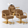 Manufakturo Maison Caramel Hair Salon Set with 2 Amélie Styling Chairs, showing the complete coordinated three-piece furniture set on a grey studio background.