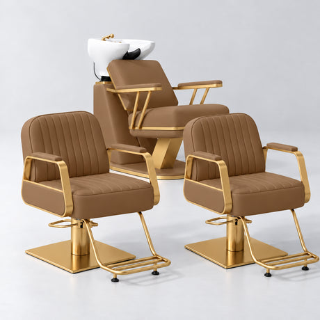 Manufakturo Maison Caramel Hair Salon Set with 2 Amélie Styling Chairs, showing the complete coordinated three-piece furniture set on a grey studio background.