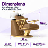 Manufakturo Maison Caramel backwash unit dimensions: 120 cm length, 62 cm width, 102 cm height, 50 x 51 cm seat and 50.5 x 56 cm basin.