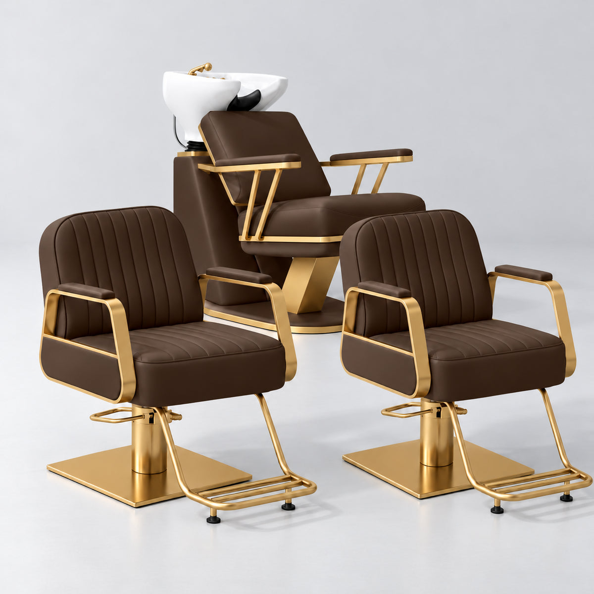 Manufakturo Maison Cocoa Mocha Hair Salon Set with 2 Amélie Styling Chairs, showing the complete coordinated three-piece furniture set on a grey studio background.
