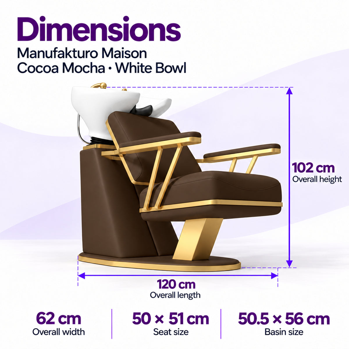 Manufakturo Maison Cocoa Mocha backwash unit dimensions: 120 cm length, 62 cm width, 102 cm height, 50 x 51 cm seat and 50.5 x 56 cm basin.