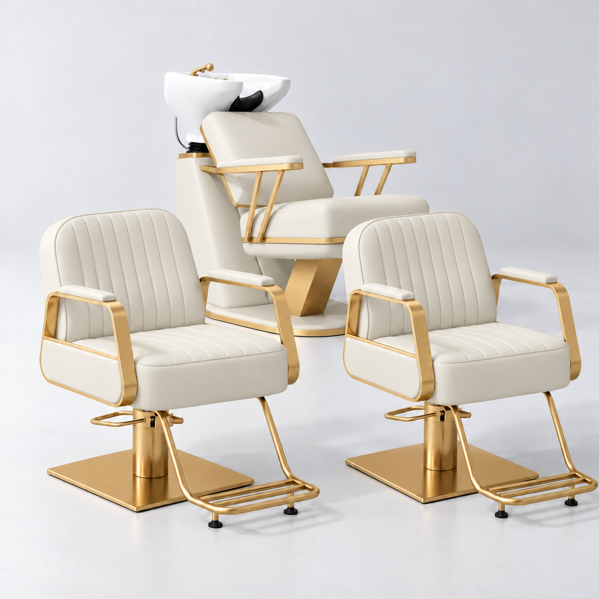 Manufakturo Maison Creamy Hair Salon Set with 2 Amélie Styling Chairs, showing the complete coordinated three-piece furniture set on a grey studio background.