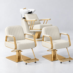 Manufakturo Maison Creamy Hair Salon Set with 2 Amélie Styling Chairs, showing the complete coordinated three-piece furniture set on a grey studio background.