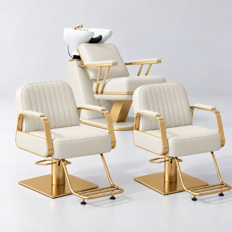 Manufakturo Maison Creamy Hair Salon Set with 2 Amélie Styling Chairs, showing the complete coordinated three-piece furniture set on a grey studio background.
