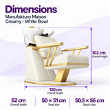 Manufakturo Maison Creamy backwash unit dimensions: 120 cm length, 62 cm width, 102 cm height, 50 x 51 cm seat and 50.5 x 56 cm basin.